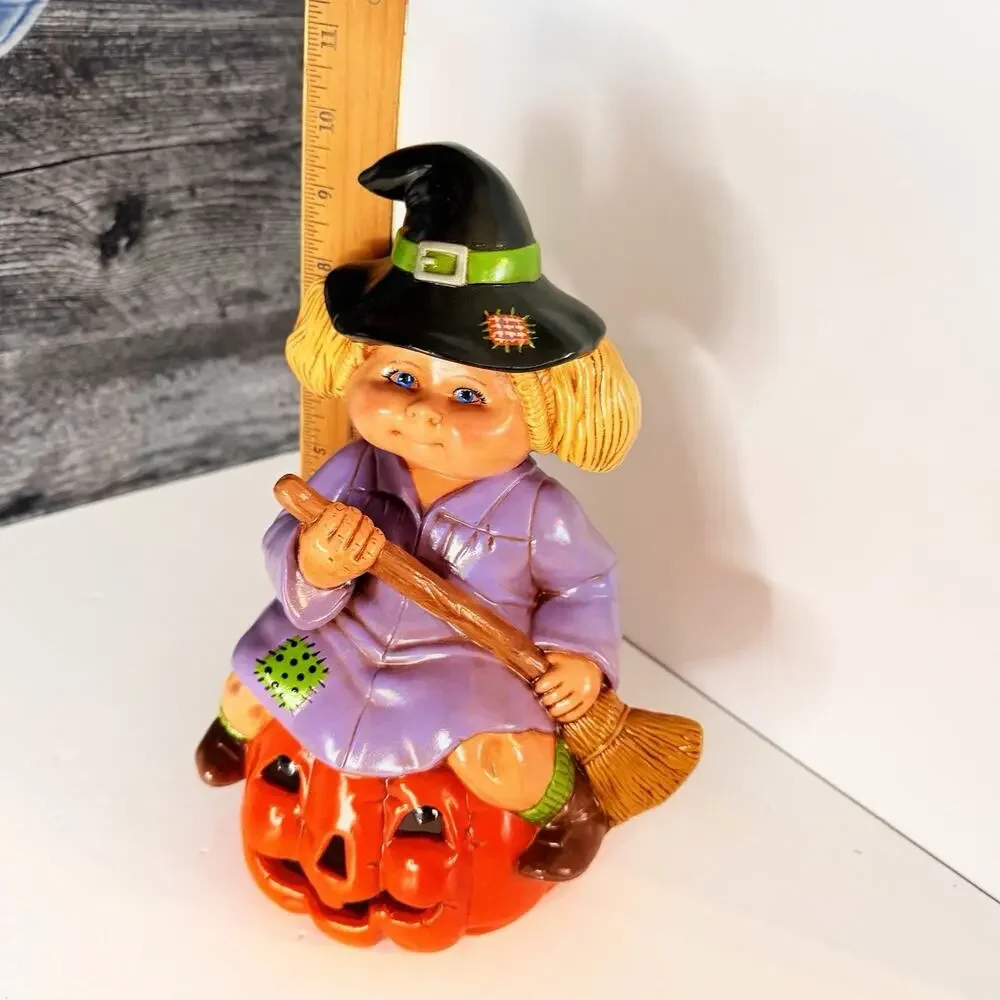Vintage Ceramic Cabbage Patch Kids Halloween Witch Sitting on Pumpkin Figurine